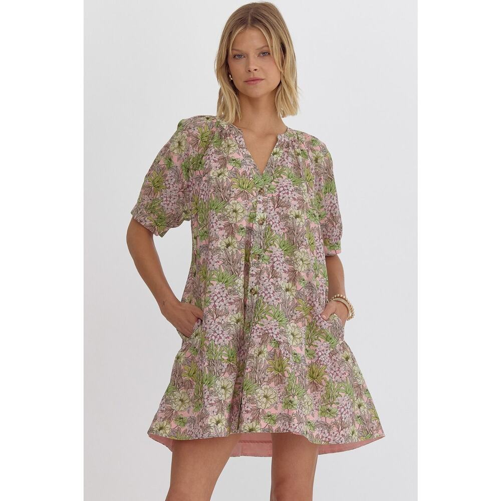 NWT Entro Pink Green Floral Cotton Mini Dress with Pockets Medium